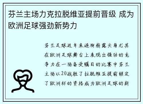 芬兰主场力克拉脱维亚提前晋级 成为欧洲足球强劲新势力