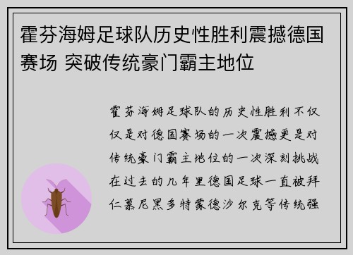 霍芬海姆足球队历史性胜利震撼德国赛场 突破传统豪门霸主地位